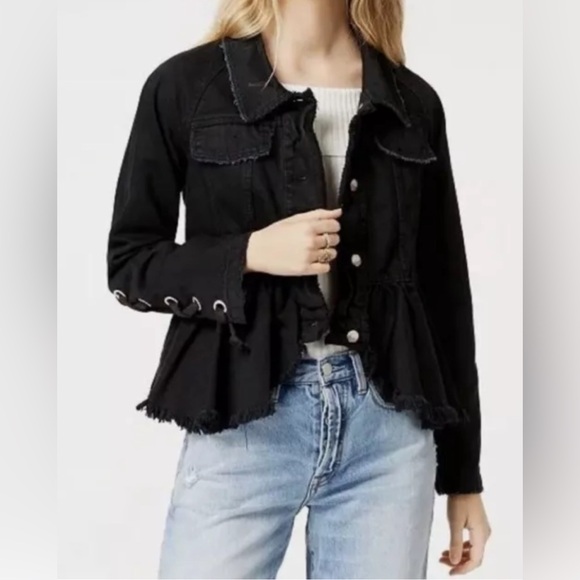 Free People Willow Black Denim Peplum Raw Hem Lace Up Cuff Jacket Sz S NWT $168 - Picture 1 of 7